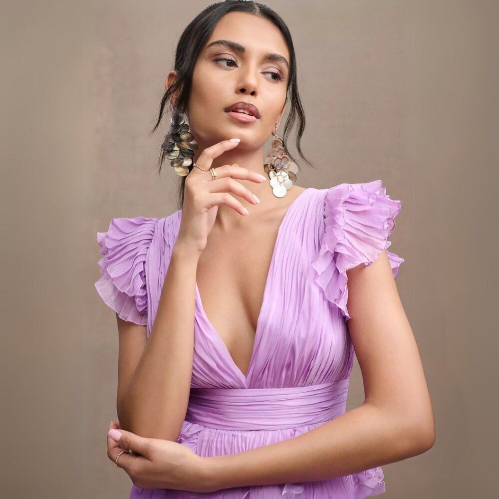 NWT Mac Duggal 49539 Size 20 Lilac Purple Pleated Ruffled V-Neck Maxi Gown Dress - Picture 2 of 4
